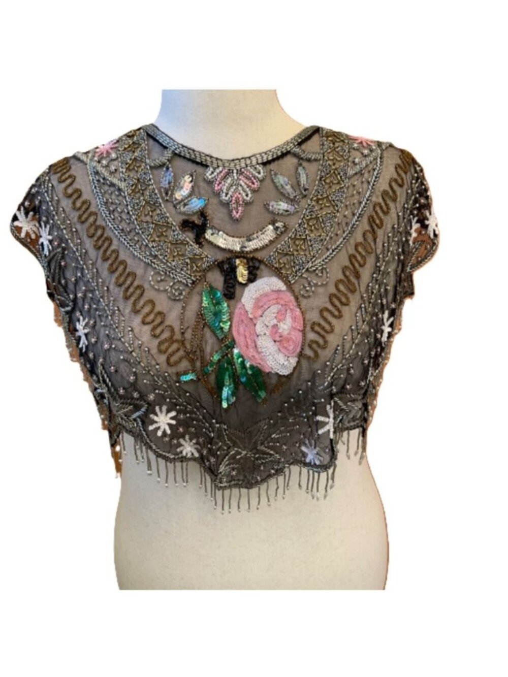 Vintage 80s Art Deco Beaded Capelet Mesh Sequin Fringe Evening Shawl Floral Rose